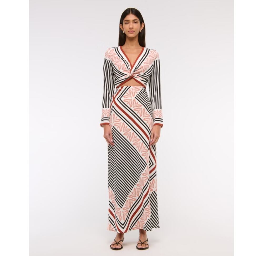 NWT Abercrombie and Fitch Long-Sleeve Twist-Front Maxi Dress Cut Out Sz L Tall